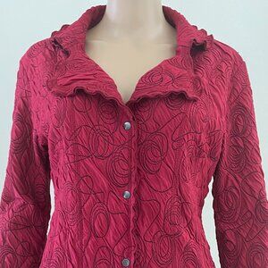 KarKass Size Medium Red Black Spiral Embroidered Ruffle Trim Jacket